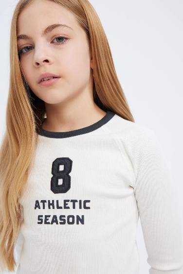 Kız Çocuk Slim Fit Dar Kesim Bisiklet Yaka Baskılı Uzun Kollu Tişört