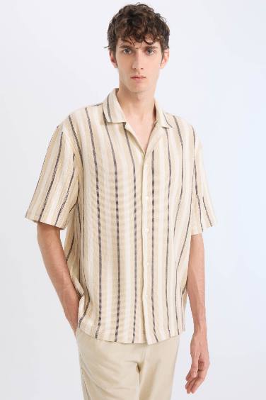 Relax Fit Resort Neck Cotton Striped Short Sleeve Shirt