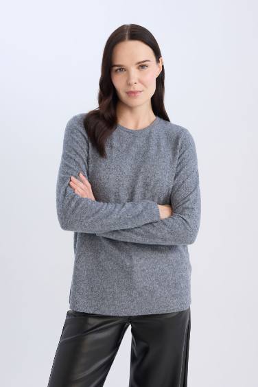 Regular Fit Bisiklet Yaka Casual Basic Düz Uzun Kollu Tişört