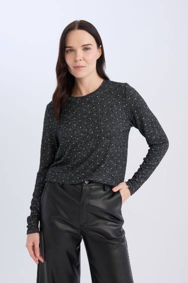 Grey Regular Fit Crew Neck Polka Dot Long Sleeve T-Shirt