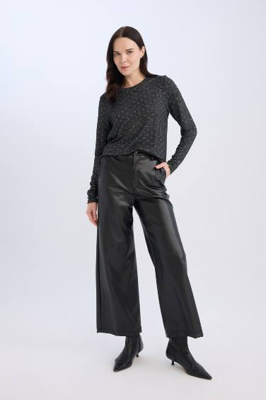 Grey Regular Fit Crew Neck Polka Dot Long Sleeve T-Shirt