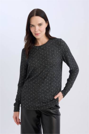 Grey Regular Fit Crew Neck Polka Dot Long Sleeve T-Shirt