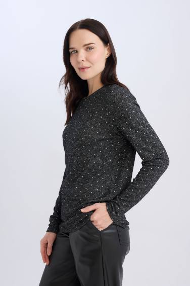 Grey Regular Fit Crew Neck Polka Dot Long Sleeve T-Shirt