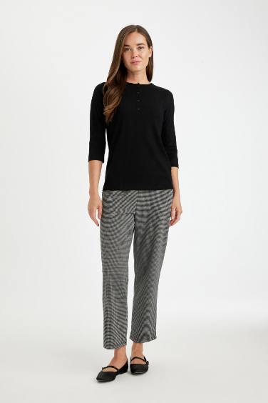 Siyah Regular Fit Bisiklet Yaka Fitilli Kaşkorse Düğmeli Yarım Kollu Basic Düz Tişört