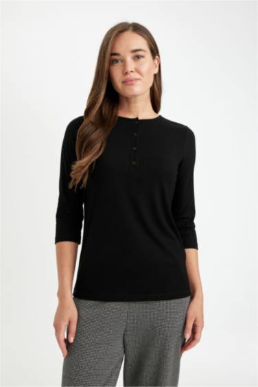 Siyah Regular Fit Bisiklet Yaka Fitilli Kaşkorse Düğmeli Yarım Kollu Basic Düz Tişört