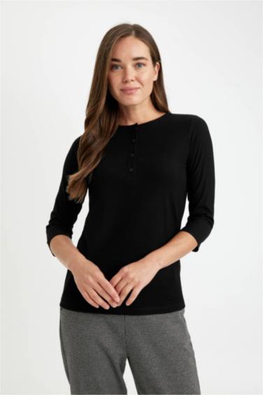 Siyah Regular Fit Bisiklet Yaka Fitilli Kaşkorse Düğmeli Yarım Kollu Basic Düz Tişört