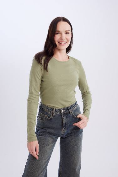 Regular Fit Crew Neck Casual Ribbed Basic Long Sleeve T-Shirt