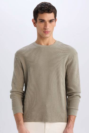 Regular Fit Crew Neck Long Sleeve Waffle T-Shirt