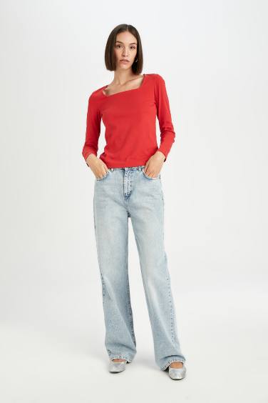 T-Shirt rouge basique à Manches Longues Coupe Régulière à Col Carré