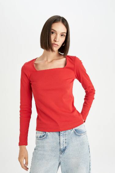 T-Shirt rouge basique à Manches Longues Coupe Régulière à Col Carré