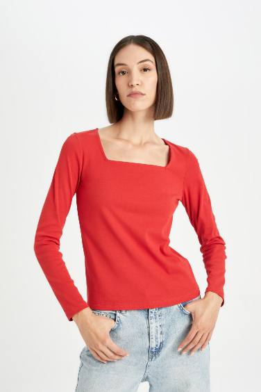 T-Shirt rouge basique à Manches Longues Coupe Régulière à Col Carré