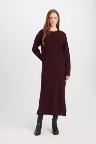 Regular Fit Bisiklet Yaka Basic Düz Uzun Kollu Triko Elbise