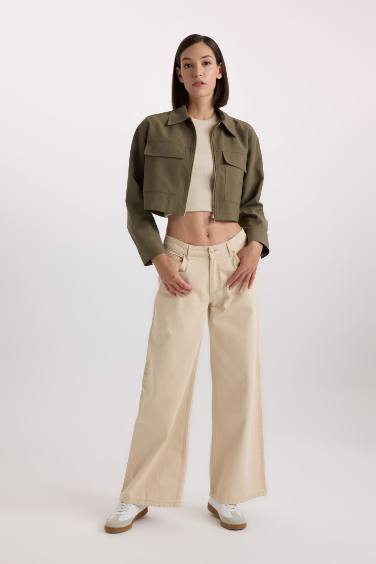 Zippered Double Pocket Gabardine Crop Shirt Jacket