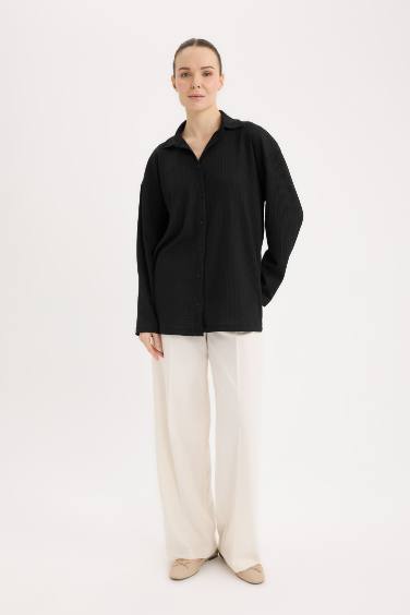 Relax Fit Gömlek Yaka Bürümcük Uzun Kollu Siyah Gömlek