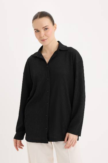 Relax Fit Gömlek Yaka Bürümcük Uzun Kollu Siyah Gömlek