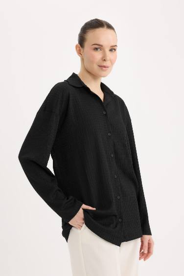 Relax Fit Gömlek Yaka Bürümcük Uzun Kollu Siyah Gömlek