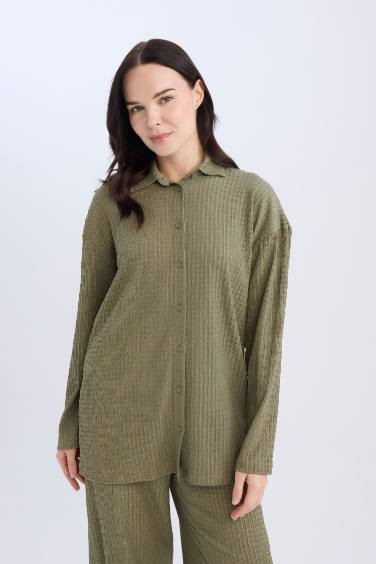 Haki Relax Fit Gömlek Yaka Bürümcük Uzun Kollu Gömlek