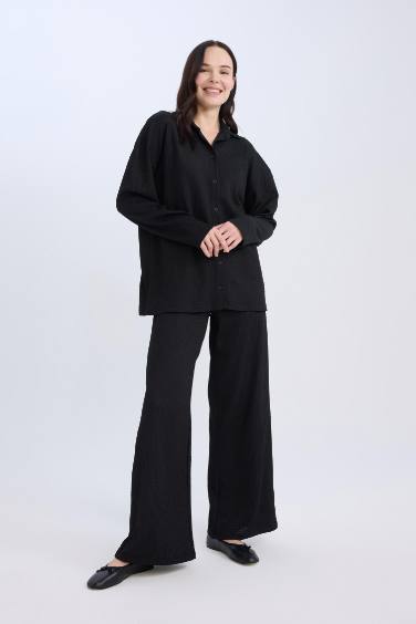 Straight Fit Elastic Waist Basic Crepe Wide Leg Trousers