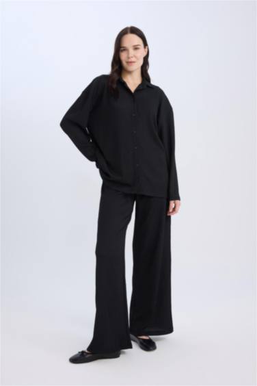 Straight Fit Elastic Waist Basic Crepe Wide Leg Trousers