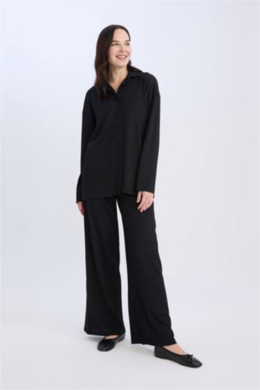 Straight Fit Elastic Waist Basic Crepe Wide Leg Trousers