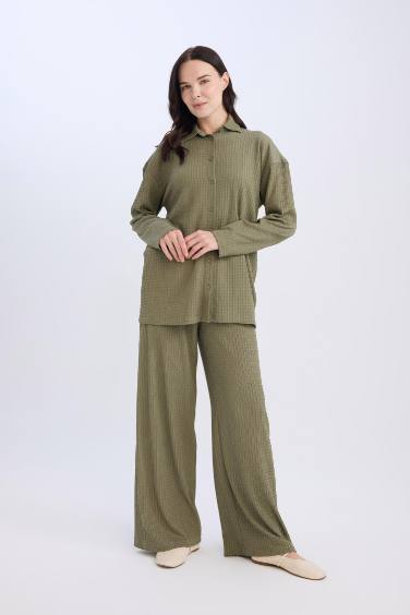 Straight Fit Elastic Waist Basic Crepe Wide Leg Trousers