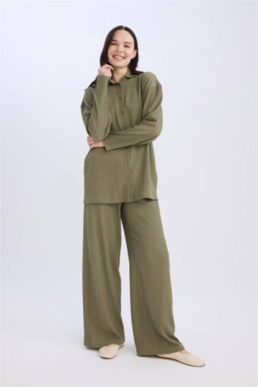 Straight Fit Elastic Waist Basic Crepe Wide Leg Trousers