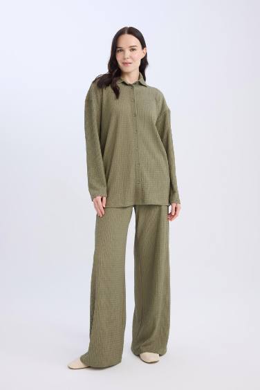 Straight Fit Elastic Waist Basic Crepe Wide Leg Trousers