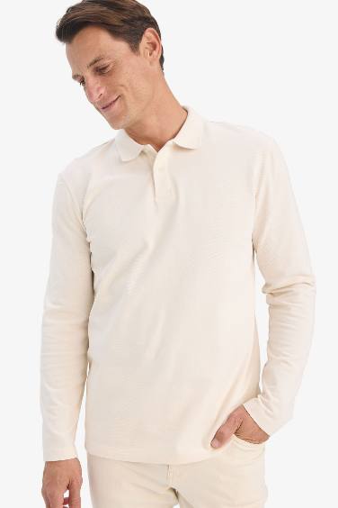 %100 Pamuk New Regular Fit Basic Düz Uzun Kollu Pike Polo Tişört