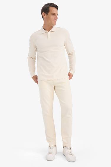 %100 Pamuk New Regular Fit Polo Yaka Basic Düz Uzun Kollu Dokulu Pike Tişört