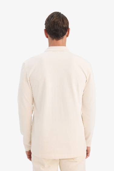 %100 Pamuk New Regular Fit Polo Yaka Basic Düz Uzun Kollu Dokulu Pike Tişört