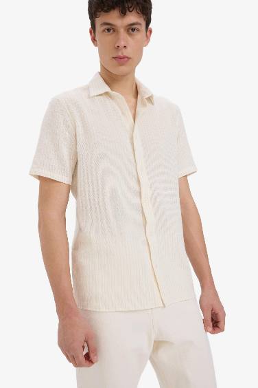 %100 Pamuk Regular Fit Polo Yaka Keten Görünümlü Yazlık Kısa Kollu Gömlek