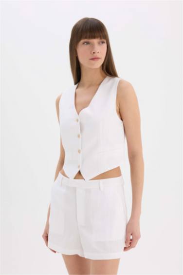 Slim Fit V-Neck Linen Blended Vest