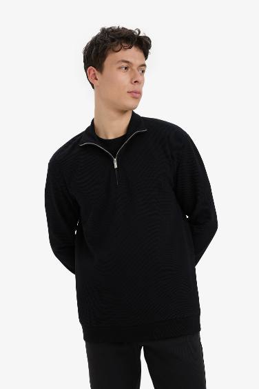 Comfort Fit Dik Yaka Dokulu Yarım Fermuarlı Waffle Sweatshirt