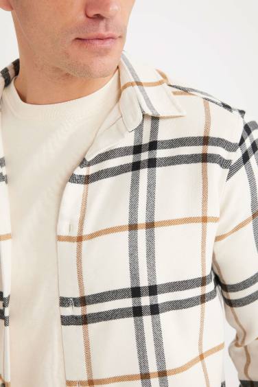 Regular Fit Polo Collar Checked Cotton Long Sleeve Shirt