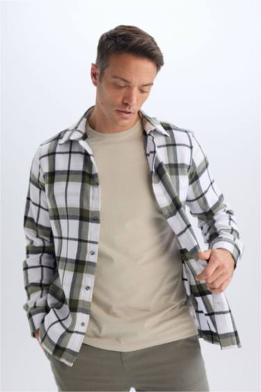 Regular Fit Polo Collar Checked Cotton Long Sleeve Shirt