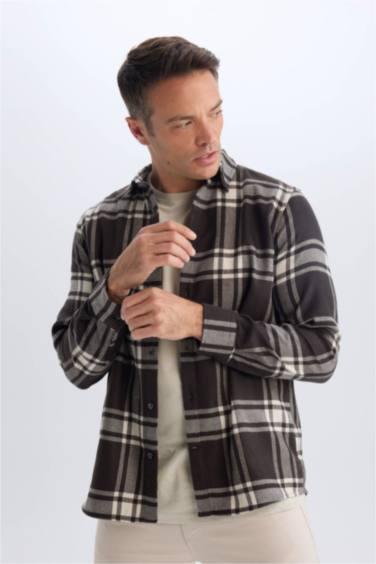 Regular Fit Polo Yaka Kareli Pamuklu Uzun Kollu Gömlek