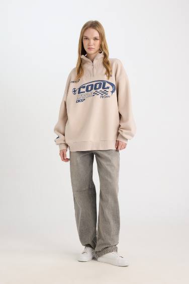 سويت شيرت اوفر سايز تقيل بياقة نص سوسته