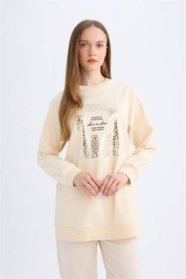 Regular Fit Bisiklet Yaka Parlak Baskılı Sweatshirt Tunik