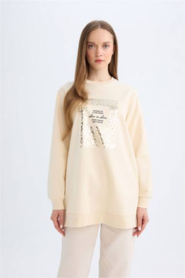 Regular Fit Bisiklet Yaka Parlak Baskılı Sweatshirt Tunik