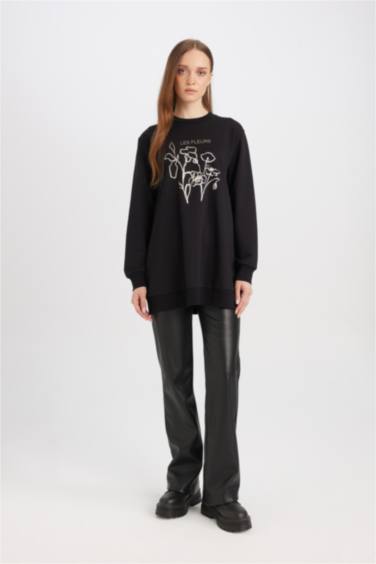 Regular Fit Bisiklet Yaka Çiçek Baskılı Sweatshirt Tunik