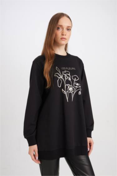 Regular Fit Bisiklet Yaka Çiçek Baskılı Sweatshirt Tunik