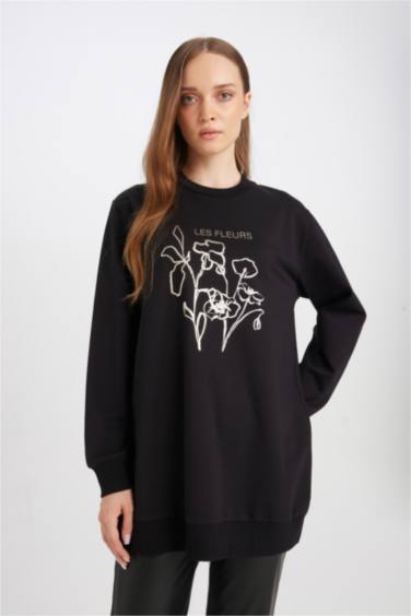 Regular Fit Bisiklet Yaka Çiçek Baskılı Sweatshirt Tunik