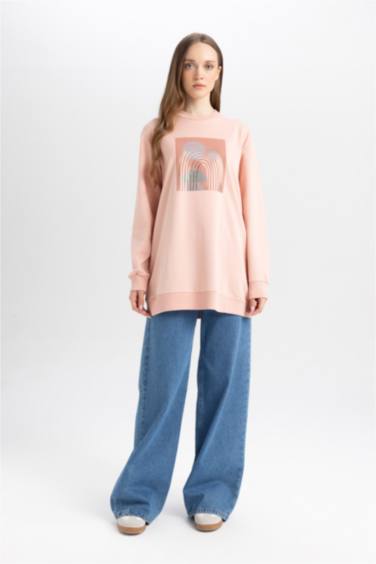 Regular Fit Bisiklet Yaka Parlak Baskılı Sweatshirt Tunik