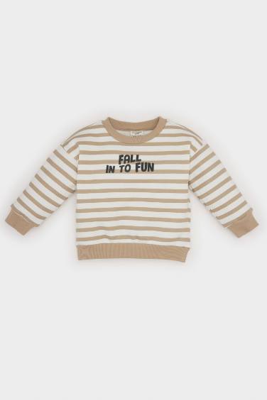 Baby Boy Crew Neck Printed Soft Furry Striped Sweatshirt