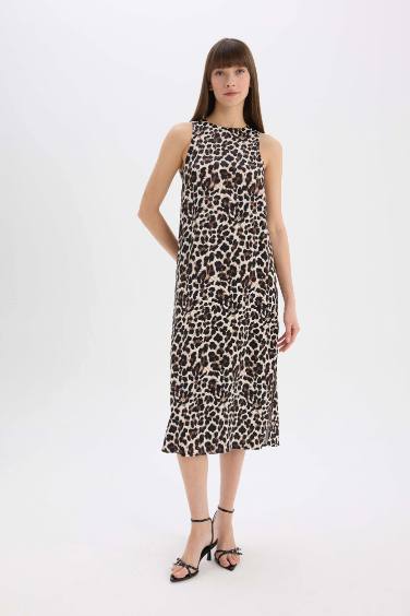 Round Collar Leopard Satin Sleeveless Midi Dress