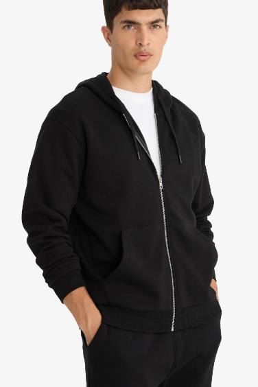 Comfort Fit Kapüşonlu İçi Yumuşak Tüylü Basic Düz Cepli Kalın Fermuarlı Sweatshirt