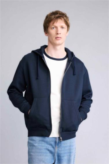 Relax Fıt Kapüşonlu İçi Yumuşak Tüylü Kalın Kumaş Fermuarlı Sweatshirt - Görsel 3