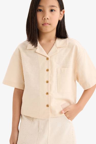 Girl Linen Short Sleeve Crop Shirt