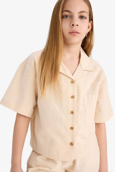 Girl Linen Short Sleeve Crop Shirt