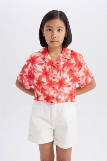 Girl Patterned Short Sleeve Crop Shirt
